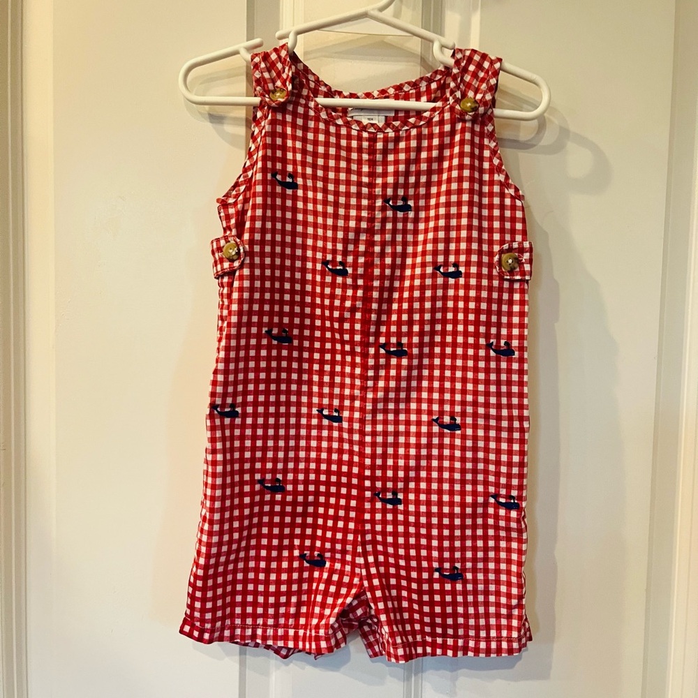 Ralph Lauren Red Gingham Embroidered Whale Shortall Romper Toddler Boy size 18M